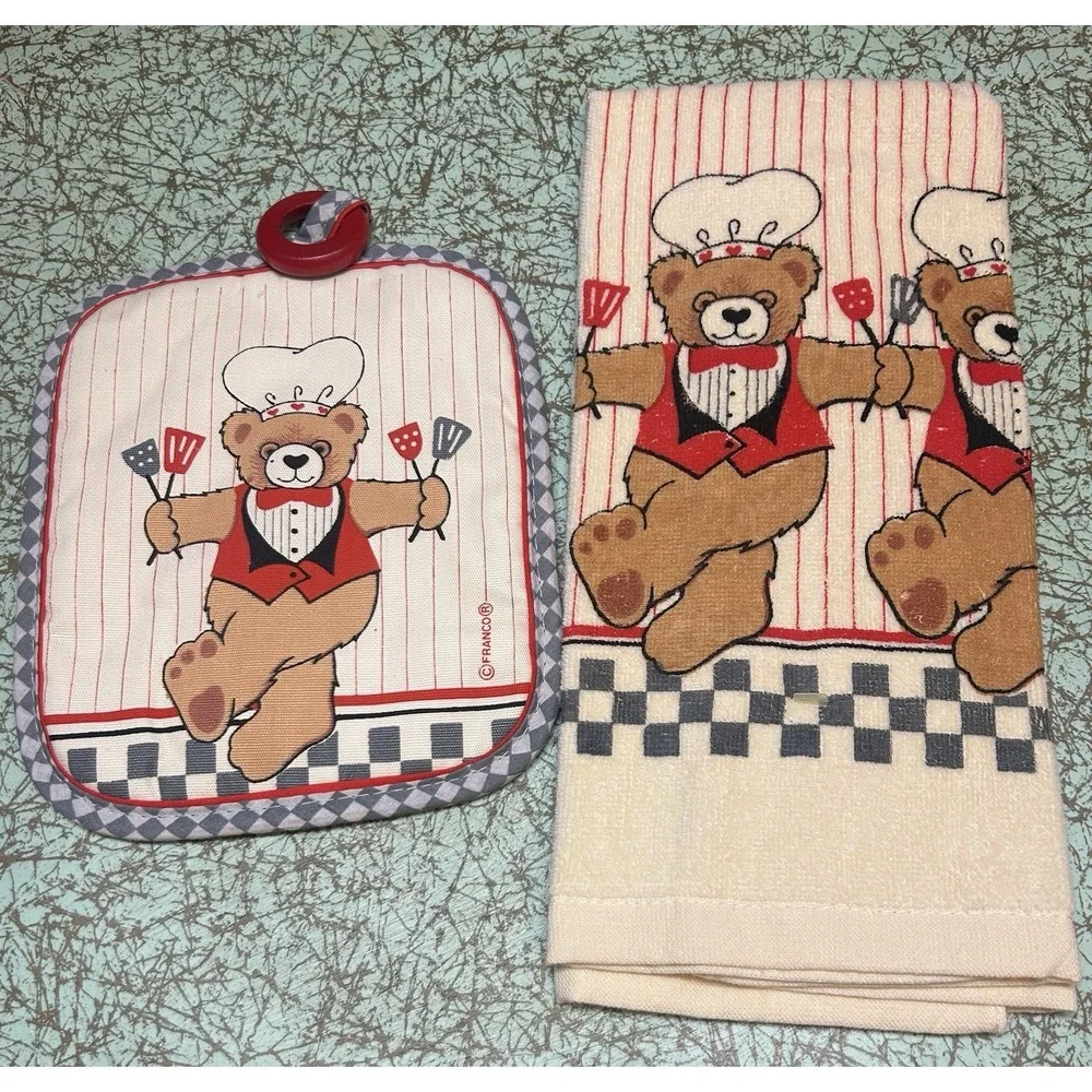 Vintage 1980s Teddy Bear Chef Kitchen Set Towel & Potholder B&D Made In USA